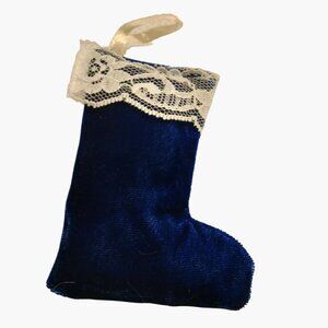 Victorian Blue Velvet Mini Christmas Stocking Ornament Lace Trim Ribbon